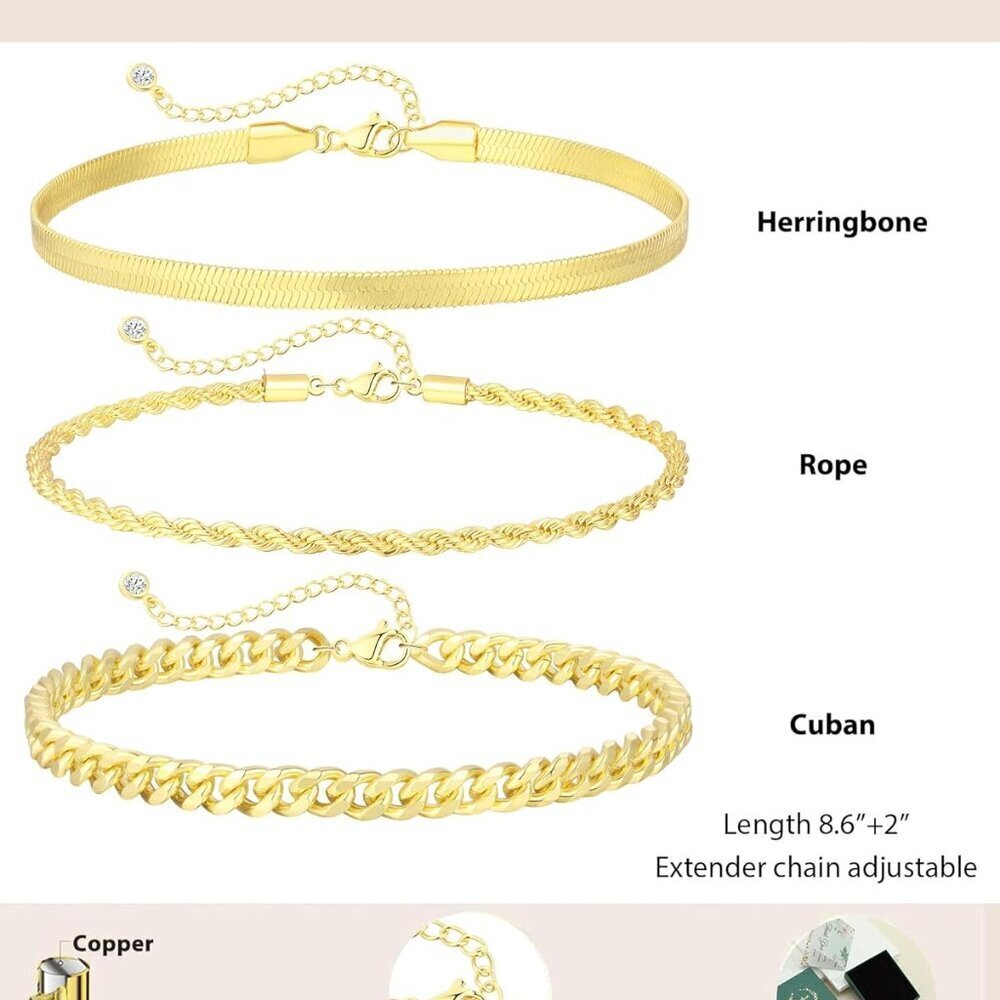 Women's Gold Silver Anklets Set 14K Plated Cuban Heart Layered Beach Jewelry - Picture 6 of 9